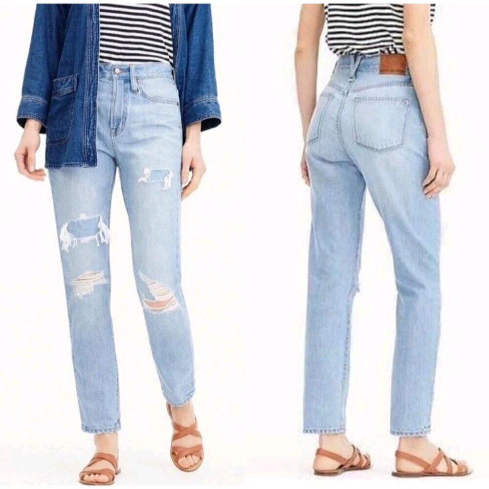 J. Crew Point Sur High Rise Mom Jeans Light Wash Women’s Size 27 Distressed Boho